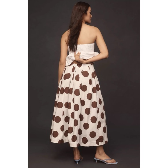 NWT Anthro Maeve Cotton Poplin Pleated Cream and Brown Polka Dot Midi Skirt XS - Picture 8 of 15